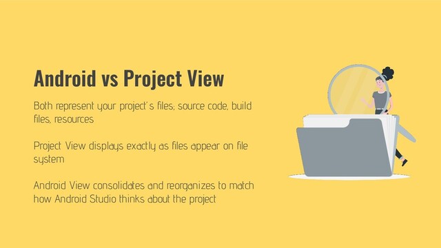 Android vs Project View
Both represent your project’s ﬁles; source code, build
ﬁles, resources
Project View displays exactly as ﬁles appear on ﬁle
system
Android View consolidates and reorganizes to match
how Android Studio thinks about the project
