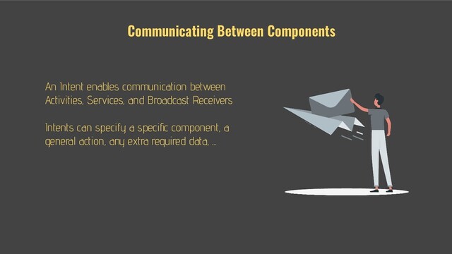 An Intent enables communication between
Activities, Services, and Broadcast Receivers
Intents can specify a speciﬁc component, a
general action, any extra required data, ...
Communicating Between Components
