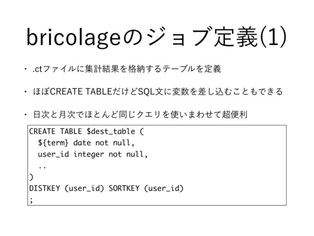 CSJDPMBHFͷδϣϒఆٛ 

w DUϑΝΠϧʹूܭ݁ՌΛ֨ೲ͢ΔςʔϒϧΛఆٛ
w ΄΅$3&"5&5"#-&͚ͩͲ42-จʹม਺Λࠩ͠ࠐΉ͜ͱ΋Ͱ͖Δ
w ೔࣍ͱ݄࣍Ͱ΄ͱΜͲಉ͡ΫΤϦΛ࢖͍·Θͤͯ௒ศར
CREATE TABLE $dest_table (
${term} date not null,
user_id integer not null,
..
)
DISTKEY (user_id) SORTKEY (user_id)
;
