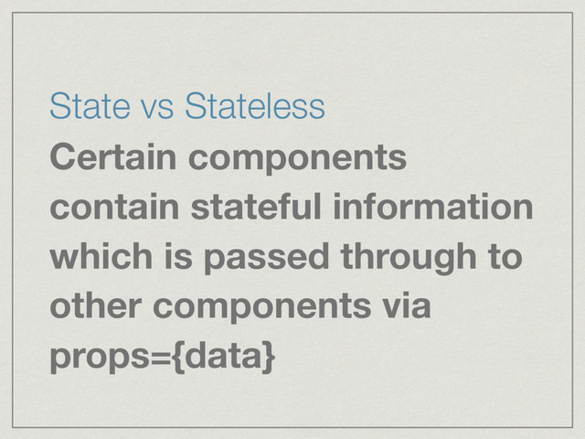 State vs Stateless
Certain components
contain stateful information
which is passed through to
other components via
props={data}
