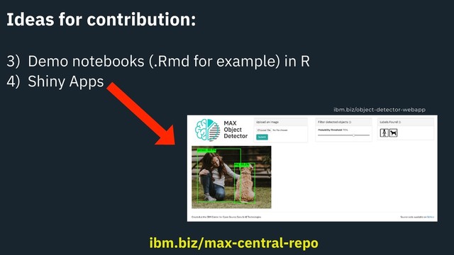Ideas for contribution:
3) Demo notebooks (.Rmd for example) in R
4) Shiny Apps
ibm.biz/max-central-repo
ibm.biz/object-detector-webapp

