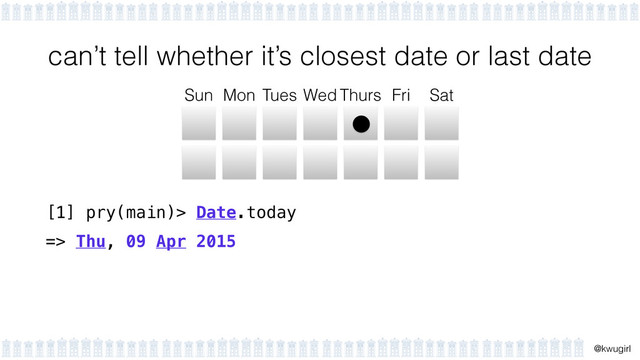 !
@kwugirl
[1] pry(main)> Date.today
=> Thu, 09 Apr 2015
can’t tell whether it’s closest date or last date
Sun Mon Tues Wed Thurs Fri Sat
