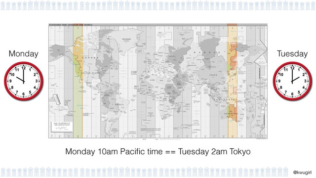 !
@kwugirl
Monday 10am Paciﬁc time == Tuesday 2am Tokyo
Monday Tuesday
