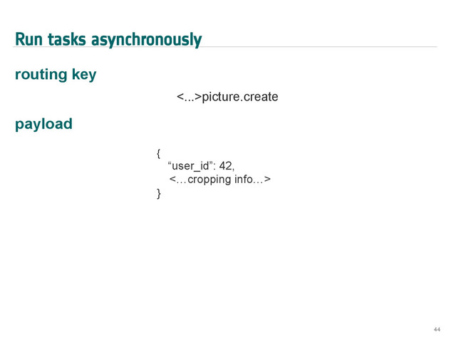 Run tasks asynchronously
routing key
<...>picture.create
payload
44
{
“user_id”: 42,
<…cropping info…>
}
