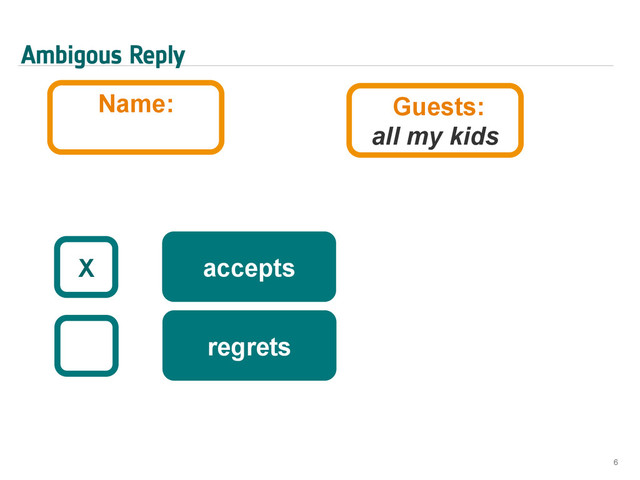 Ambigous Reply
6
accepts
X
regrets
Guests:
all my kids
Name:
