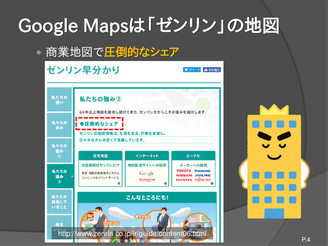 Google Mapsは「ゼンリン」の地図
 商業地図で圧倒的なシェア
P.4
http://www.zenrin.co.jp/ir/guide/content06.html
