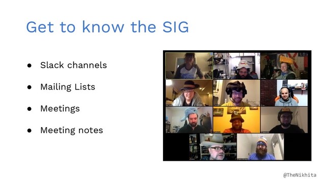 Get to know the SIG
● Slack channels
● Mailing Lists
● Meetings
● Meeting notes
@TheNikhita
