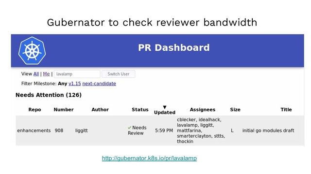 http://gubernator.k8s.io/pr/lavalamp
Gubernator to check reviewer bandwidth
