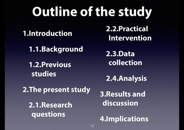 Outline of the study
12
1.Introduction
1.1.Background
1.2.Previous
studies
2.The present study
2.1.Research
questions
2.2.Practical
Intervention
2.3.Data
collection
2.4.Analysis
3.Results and
discussion
4.Implications
