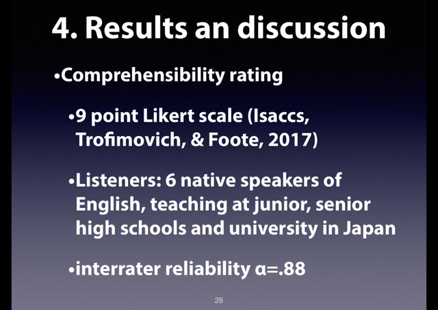 4. Results an discussion
•Comprehensibility rating
•9 point Likert scale (Isaccs,
Trofimovich, & Foote, 2017)
•Listeners: 6 native speakers of
English, teaching at junior, senior
high schools and university in Japan
•interrater reliability α=.88
28
