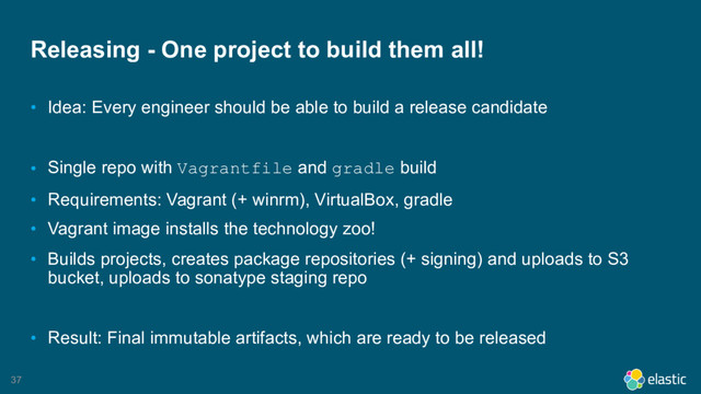 37
Releasing - One project to build them all!
• Idea: Every engineer should be able to build a release candidate
• Single repo with Vagrantfile and gradle build
• Requirements: Vagrant (+ winrm), VirtualBox, gradle
• Vagrant image installs the technology zoo!
• Builds projects, creates package repositories (+ signing) and uploads to S3
bucket, uploads to sonatype staging repo
• Result: Final immutable artifacts, which are ready to be released
