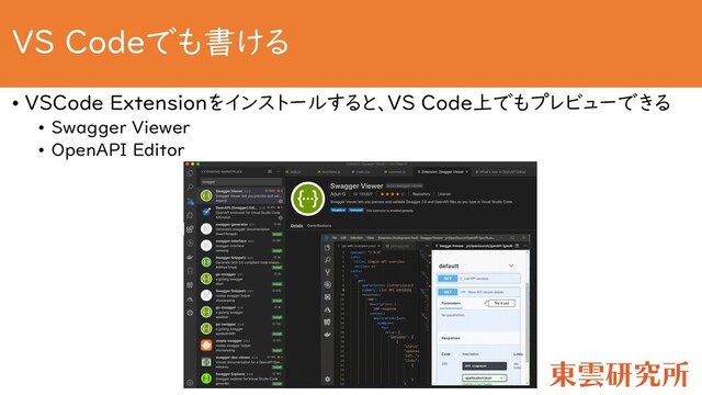 VS Codeでも書ける
• VSCode Extensionをインストールすると、VS Code上でもプレビューできる
• Swagger Viewer
• OpenAPI Editor
