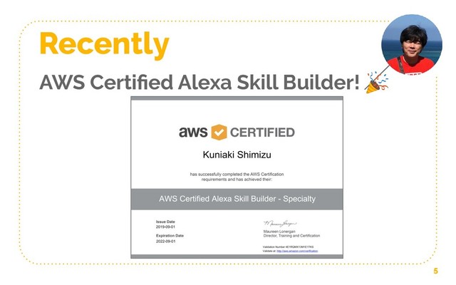 5
Recently
AWS Certiﬁed Alexa Skill Builder! 
