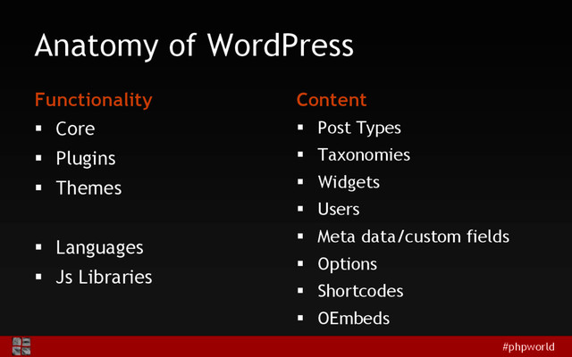 #phpworld
Anatomy of WordPress
Functionality
 Core
 Plugins
 Themes
 Languages
 Js Libraries
Content
 Post Types
 Taxonomies
 Widgets
 Users
 Meta data/custom fields
 Options
 Shortcodes
 OEmbeds
