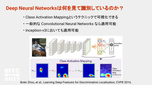 Deep Neural Networksは何を見て識別しているのか？
Bolei Zhou, et al., Learning Deep Features for Discriminative Localization, CVPR 2016.
• Class Activation Mappingというテクニックで可視化できる
• 一般的な Convolutional Neural Networks なら適用可能
• Inception-v3においても適用可能
