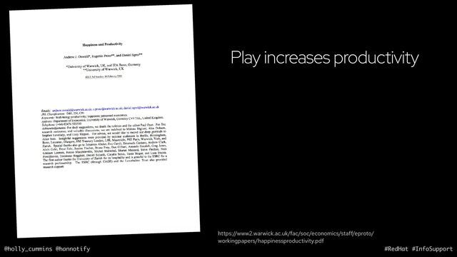 @holly_cummins @hannotify #RedHat #InfoSupport
Play increases productivity
https://www2.warwick.ac.uk/fac/soc/economics/staff/eproto/
workingpapers/happinessproductivity.pdf
