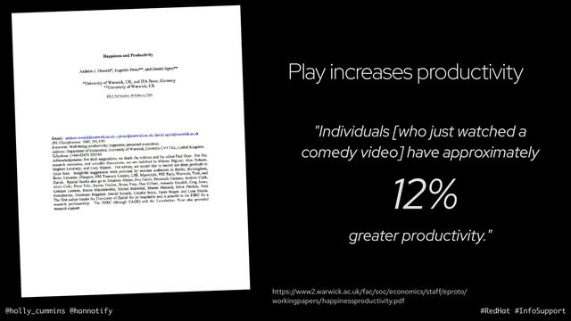 @holly_cummins @hannotify #RedHat #InfoSupport
Play increases productivity
"Individuals [who just watched a
comedy video] have approximately
12%
greater productivity."
https://www2.warwick.ac.uk/fac/soc/economics/staff/eproto/
workingpapers/happinessproductivity.pdf
