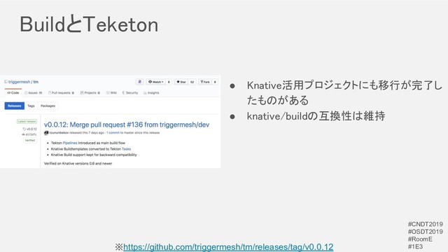 BuildとTeketon 
※https://github.com/triggermesh/tm/releases/tag/v0.0.12
● Knative活用プロジェクトにも移行が完了し
たものがある 
● knative/buildの互換性は維持 
#CNDT2019
#OSDT2019
#RoomE
#1E3
