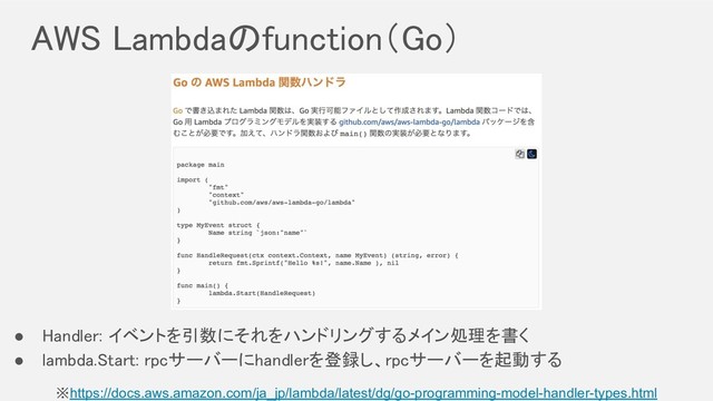 AWS Lambdaのfunction（Go） 
※https://docs.aws.amazon.com/ja_jp/lambda/latest/dg/go-programming-model-handler-types.html
● Handler: イベントを引数にそれをハンドリングするメイン処理を書く 
● lambda.Start: rpcサーバーにhandlerを登録し、rpcサーバーを起動する 
