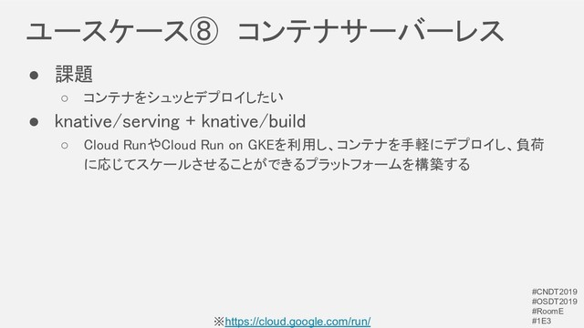 ユースケース⑧　コンテナサーバーレス 
※https://cloud.google.com/run/
● 課題 
○ コンテナをシュッとデプロイしたい 
● knative/serving + knative/build 
○ Cloud RunやCloud Run on GKEを利用し、コンテナを手軽にデプロイし、負荷
に応じてスケールさせることができるプラットフォームを構築する 
#CNDT2019
#OSDT2019
#RoomE
#1E3
