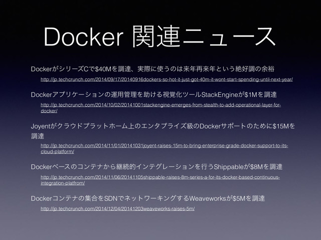 Docker ؔ࿈χϡʔε
Docker͕γϦʔζCͰ$40MΛௐୡɺ࣮ࡍʹ࢖͏ͷ͸དྷ೥࠶དྷ೥ͱ͍͏ઈ޷ௐͷ༨༟
http://jp.techcrunch.com/2014/09/17/20140916dockers-so-hot-it-just-got-40m-it-wont-start-spending-until-next-year/
DockerΞϓϦέʔγϣϯͷӡ༻؅ཧΛॿ͚Δࢹ֮ԽπʔϧStackEngine͕$1MΛௐୡ
http://jp.techcrunch.com/2014/10/02/20141001stackengine-emerges-from-stealth-to-add-operational-layer-for-
docker/
Joyent͕Ϋϥ΢υϓϥοτϗʔϜ্ͷΤϯλϓϥΠζڃͷDockerαϙʔτͷͨΊʹ$15MΛ
ௐୡ
http://jp.techcrunch.com/2014/11/01/20141031joyent-raises-15m-to-bring-enterprise-grade-docker-support-to-its-
cloud-platform/
Dockerϕʔεͷίϯςφ͔ΒܧଓతΠϯςάϨʔγϣϯΛߦ͏Shippable͕$8MΛௐୡ
http://jp.techcrunch.com/2014/11/06/20141105shippable-raises-8m-series-a-for-its-docker-based-continuous-
integration-platfrom/
Dockerίϯςφͷू߹ΛSDNͰωοτϫʔΩϯά͢ΔWeaveworks͕$5MΛௐୡ
http://jp.techcrunch.com/2014/12/04/20141203weaveworks-raises-5m/
