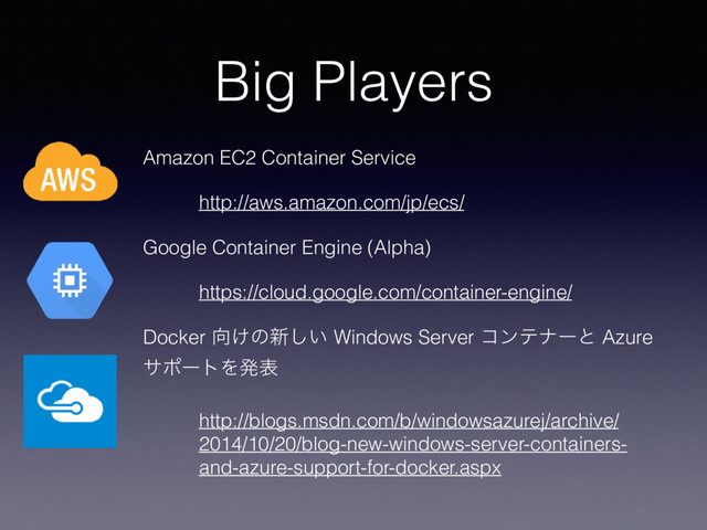 Big Players
Amazon EC2 Container Service
http://aws.amazon.com/jp/ecs/
Google Container Engine (Alpha)
https://cloud.google.com/container-engine/
Docker ޲͚ͷ৽͍͠ Windows Server ίϯςφʔͱ Azure
αϙʔτΛൃද
http://blogs.msdn.com/b/windowsazurej/archive/
2014/10/20/blog-new-windows-server-containers-
and-azure-support-for-docker.aspx
