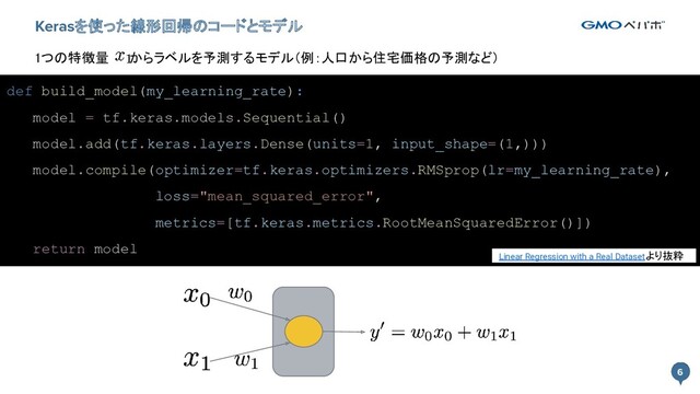 6
6
Kerasを使った線形回帰のコードとモデル
def build_model(my_learning_rate):
model = tf.keras.models.Sequential()
model.add(tf.keras.layers.Dense(units=1, input_shape=(1,)))
model.compile(optimizer=tf.keras.optimizers.RMSprop(lr=my_learning_rate),
loss="mean_squared_error",
metrics=[tf.keras.metrics.RootMeanSquaredError()])
return model
1つの特徴量 からラベルを予測するモデル（例：人口から住宅価格の予測など）  
Linear Regression with a Real Datasetより抜粋
バイアス： 
