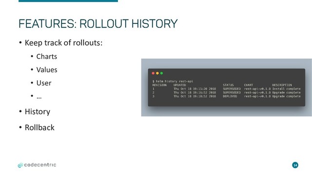 • Keep track of rollouts:
• Charts
• Values
• User
• …
• History
• Rollback
14

