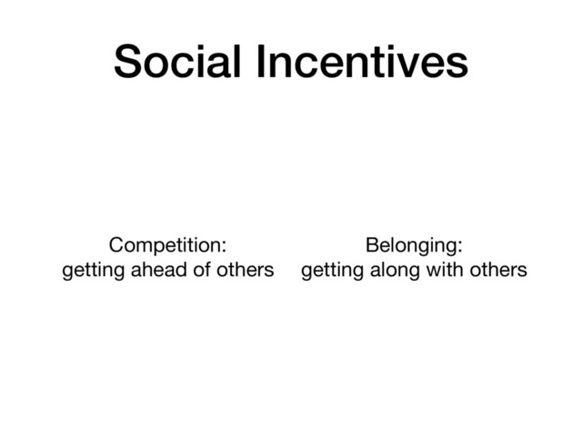 Social Incentives
Competition:
getting ahead of others
Belonging:
getting along with others

