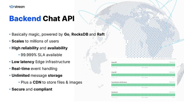 GETSTREAM.IO
Backend Chat API
• Basically magic, powered by Go, RocksDB and Raft
• Scales to millions of users
• High reliability and availability
• 99.999% SLA available
• Low latency Edge infrastructure
• Real-time event handling
• Unlimited message storage
• Plus a CDN to store files & images
• Secure and compliant

