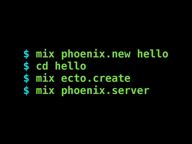 $ mix phoenix.new hello
$ cd hello
$ mix ecto.create
$ mix phoenix.server
