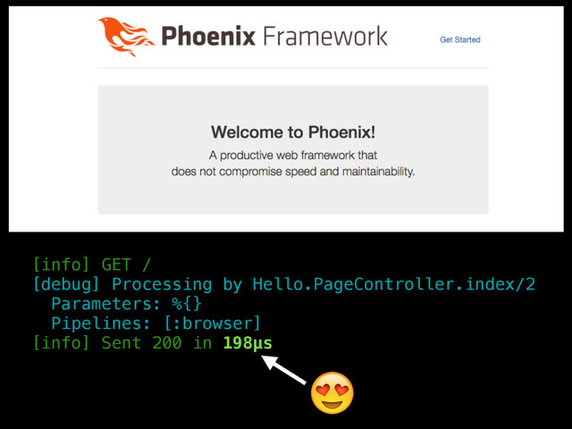 [info] GET /
[debug] Processing by Hello.PageController.index/2
Parameters: %{}
Pipelines: [:browser]
[info] Sent 200 in 198µs

