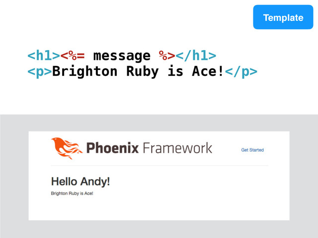 Template
<h1><%= message %></h1>
<p>Brighton Ruby is Ace!</p>
