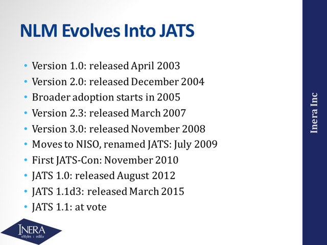 Inera Inc
NLM Evolves Into JATS
• Version 1.0: released April 2003
• Version 2.0: released December 2004
• Broader adoption starts in 2005
• Version 2.3: released March 2007
• Version 3.0: released November 2008
• Moves to NISO, renamed JATS: July 2009
• First JATS-Con: November 2010
• JATS 1.0: released August 2012
• JATS 1.1d3: released March 2015
• JATS 1.1: at vote
