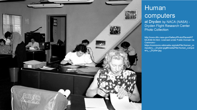 Human
computers
at Dryden by NACA (NASA) -
Dryden Flight Research Center
Photo Collection
http://www.dfrc.nasa.gov/Gallery/Photo/Places/HT
ML/E49-54.html. Licensed under Public Domain via
Commons -
https://commons.wikimedia.org/wiki/File:Human_co
mputers_-_Dryden.jpg#/media/File:Human_comput
ers_-_Dryden.jpg

