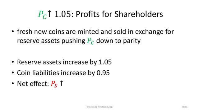 
↑ 1.05: Profits for Shareholders
• fresh new coins are minted and sold in exchange for
reserve assets pushing 
down to parity
• Reserve assets increase by 1.05
• Coin liabilities increase by 0.95
• Net effect: 
↑
Ferdinando Ametrano 2017 48/55
