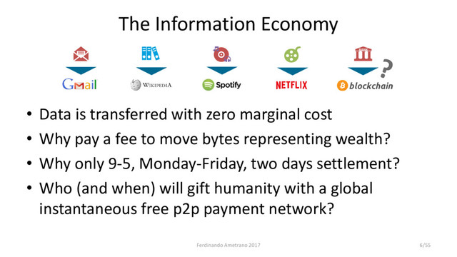 The Information Economy
• Data is transferred with zero marginal cost
• Why pay a fee to move bytes representing wealth?
• Why only 9-5, Monday-Friday, two days settlement?
• Who (and when) will gift humanity with a global
instantaneous free p2p payment network?
BANK
Ferdinando Ametrano 2017 6/55
