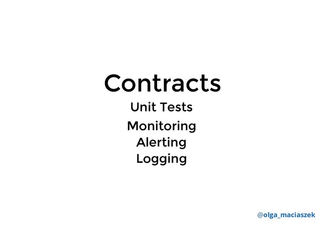 Contracts
Contracts
@olga_maciaszek
Monitoring
Monitoring
Alerting
Alerting
Logging
Logging
Unit Tests
Unit Tests
