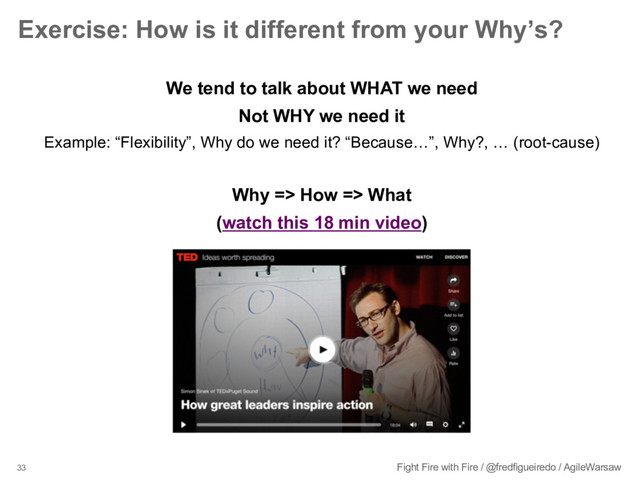 33 Fight Fire with Fire / @fredfigueiredo / AgileWarsaw
Exercise: How is it different from your Why’s?
We tend to talk about WHAT we need
Not WHY we need it
Example: “Flexibility”, Why do we need it? “Because…”, Why?, … (root-cause)
Why => How => What
(watch this 18 min video)
