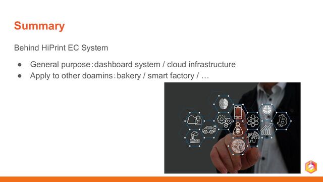 Summary
Behind HiPrint EC System
● General purpose：dashboard system / cloud infrastructure
● Apply to other doamins：bakery / smart factory / …
