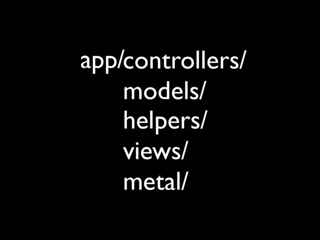 app/controllers/
models/
helpers/
views/
metal/
