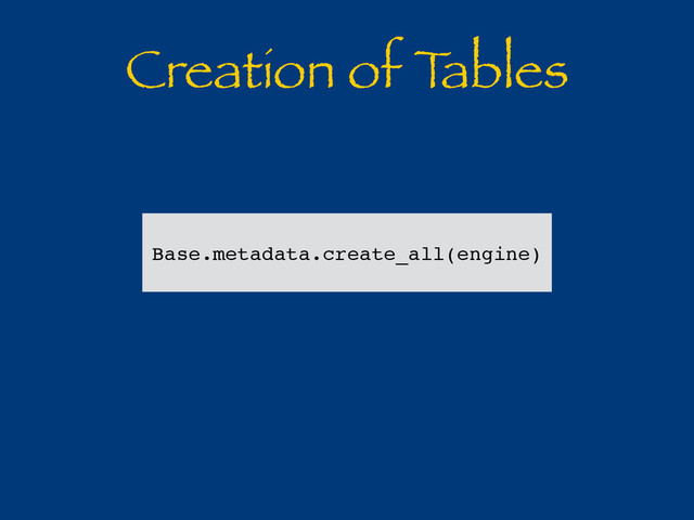 Creation of T
ables
Base.metadata.create_all(engine)
