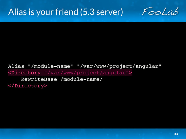 Alias is your friend (5.3 server)
Alias "/module-name" "/var/www/project/angular"

RewriteBase /module-name/

33
