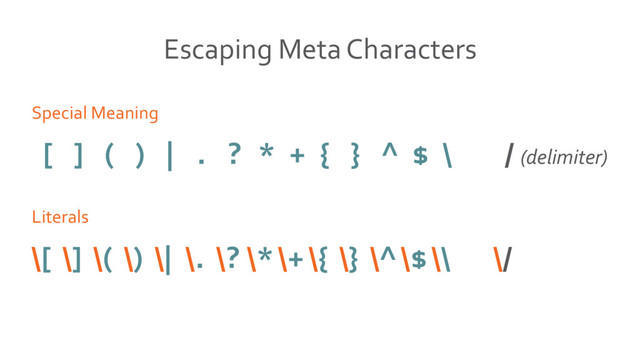 \[ \] \( \) \| \. \? \* \+ \{ \} \^ \$ \\ \/
Literals
[ ] ( ) | . ? * + { } ^ $ \ / (delimiter)
Special Meaning
Escaping Meta Characters
