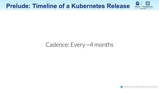 Prelude: Timeline of a Kubernetes Release
Cadence: Every ~4 months
@MadhavJivrajani & @theonlynabarun
