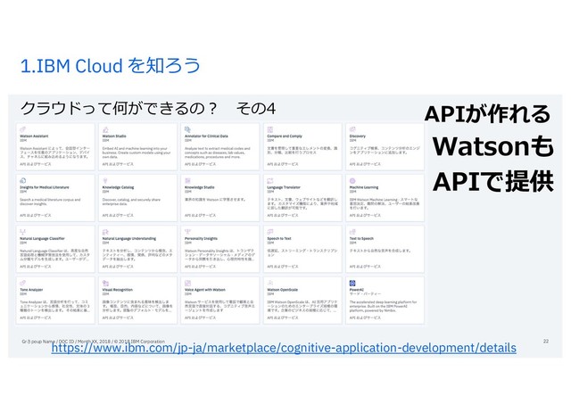1.IBM Cloud を知ろう
クラウドって何ができるの？ その4
Grさpoup Name / DOC ID / Month XX, 2018 / © 2018 IBM Corporation 22
Watsonも
APIで提供
https://www.ibm.com/jp-ja/marketplace/cognitive-application-development/details
APIが作れる
