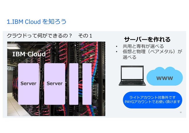1.IBM Cloud を知ろう
クラウドって何ができるの？ その１
Grさpoup Name / DOC ID / Month XX, 2018 / © 2018 IBM Corporation 10
サーバーを作れる
www
Server
IBM Cloud
Server
• 共⽤と専有が選べる
• 仮想と物理（ベアメタル）が
選べる
ライトアカウント対象外です
PAYGアカウントでお使い頂けます

