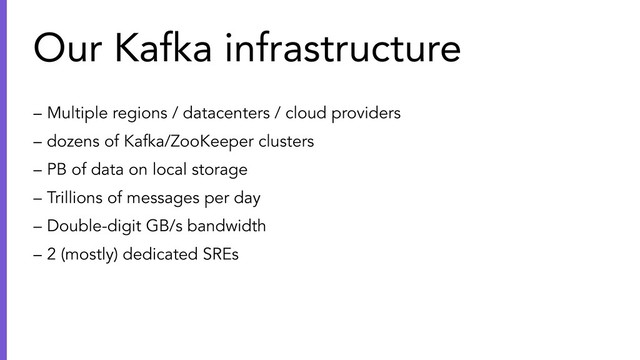 – Multiple regions / datacenters / cloud providers
– dozens of Kafka/ZooKeeper clusters
– PB of data on local storage
– Trillions of messages per day
– Double-digit GB/s bandwidth
– 2 (mostly) dedicated SREs
Our Kafka infrastructure
