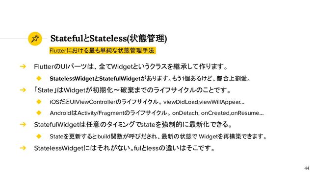 StatefulとStateless(状態管理)
44
Flutterにおける最も単純な状態管理手法
➔ FlutterのUIパーツは、全てWidgetというクラスを継承して作ります。
◆ StatelessWidgetとStatefulWidgetがあります。もう1個あるけど、都合上割愛。
➔ 「State」はWidgetが初期化〜破棄までのライフサイクルのことです。
◆ iOSだとUIViewControllerのライフサイクル。viewDidLoad,viewWillAppear…
◆ AndroidはActivity/Fragmentのライフサイクル。onDetach, onCreated,onResume…
➔ StatefulWidgetは任意のタイミングでstateを強制的に最新化できる。
◆ Stateを更新するとbuild関数が呼びだされ、最新の状態で Widgetを再構築できます。
➔ StatelessWidgetにはそれがない。fulとlessの違いはそこです。
