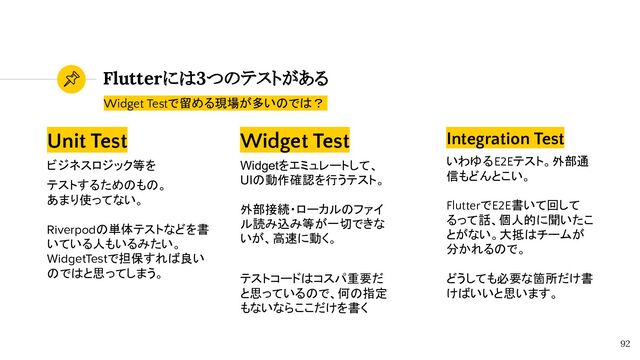 Flutterには3つのテストがある
92
Widget Testで留める現場が多いのでは？
Unit Test
ビジネスロジック等を
テストするためのもの。
あまり使ってない。
Riverpodの単体テストなどを書
いている人もいるみたい。
WidgetTestで担保すれば良い
のではと思ってしまう。
Widget Test
Widgetをエミュレートして、
UIの動作確認を行うテスト。
外部接続・ローカルのファイ
ル読み込み等が一切できな
いが、高速に動く。
テストコードはコスパ重要だ
と思っているので、何の指定
もないならここだけを書く
Integration Test
いわゆるE2Eテスト。外部通
信もどんとこい。
FlutterでE2E書いて回して
るって話、個人的に聞いたこ
とがない。大抵はチームが
分かれるので。
どうしても必要な箇所だけ書
けばいいと思います。
